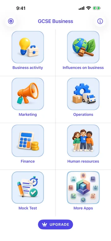 Main screen with six areas: Business activity, Influences on business, Marketing, Operations, Finance and Human resources