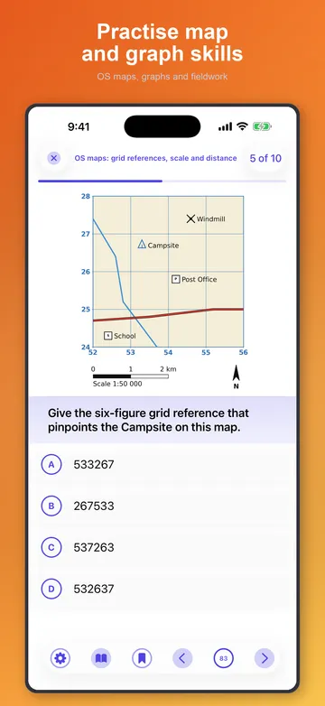 GCSE Geography app: an OS map grid-reference question