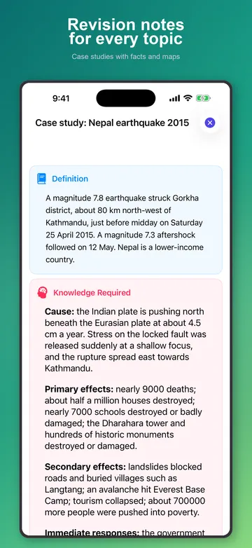 A case-study revision note with facts and a map