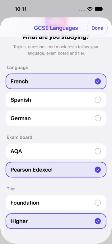 Choosing the language, exam board and tier: French, Edexcel, Higher