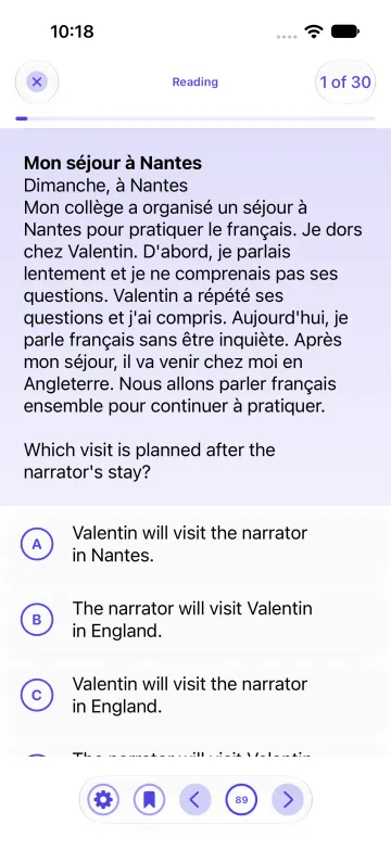 A French reading passage about a school trip to Nantes with a question