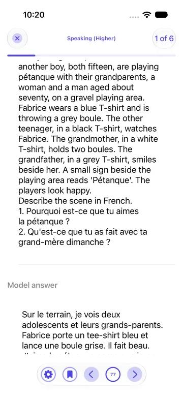 A French photo-card speaking task with a model answer