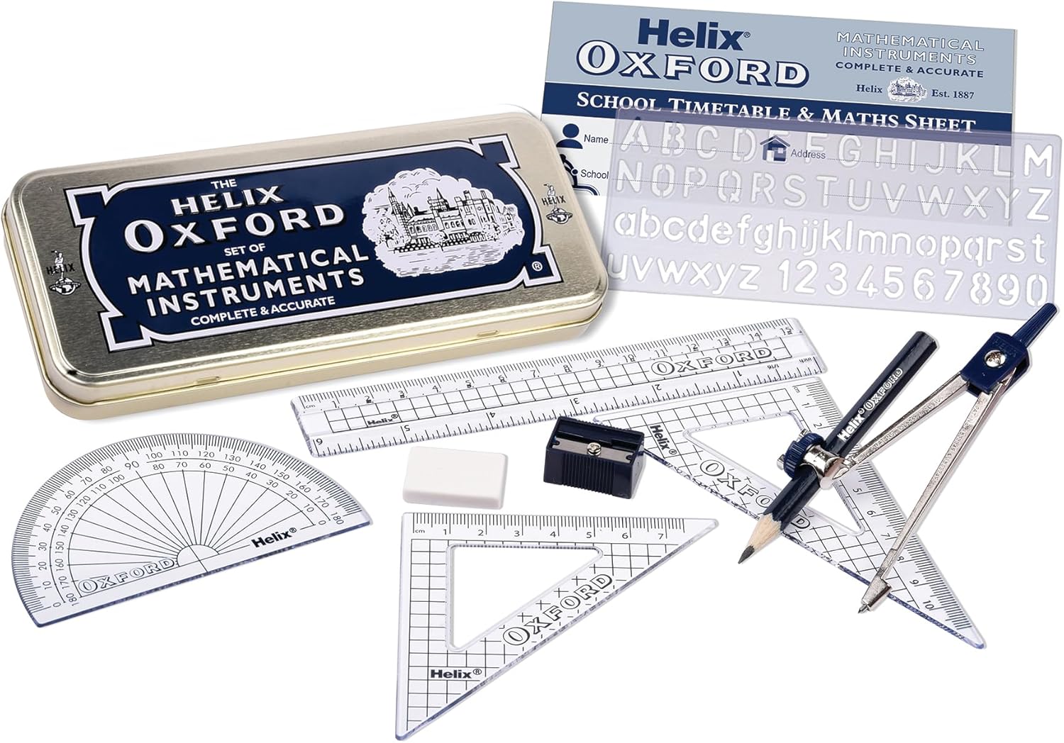 Helix Oxford Maths Set (10-piece with storage tin)