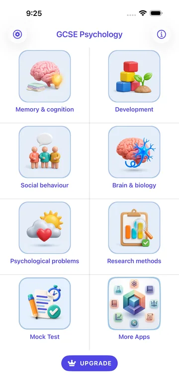 Main screen with six areas: Memory & cognition, Development, Social behaviour, Brain & biology, Psychological problems and Research methods