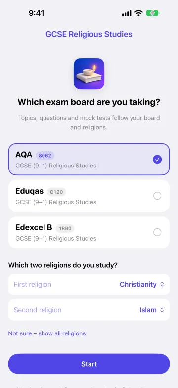 Choosing the exam board (AQA 8062, Eduqas C120 or Edexcel B 1RB0) and the two religions studied