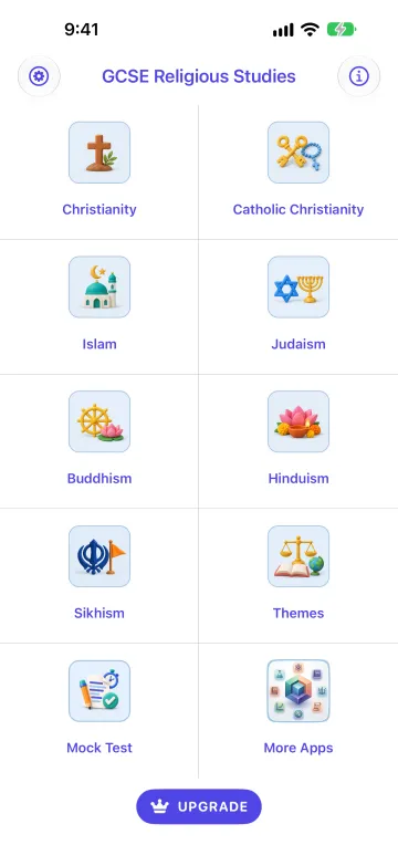 Main screen with tiles for Christianity, Catholic Christianity, Islam, Judaism, Buddhism, Hinduism, Sikhism, Themes and Mock Test
