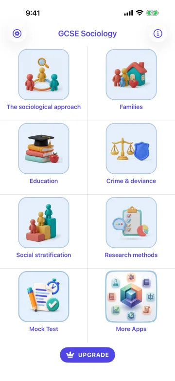 Main screen with six areas: The sociological approach, Families, Education, Crime & deviance, Social stratification and Research methods