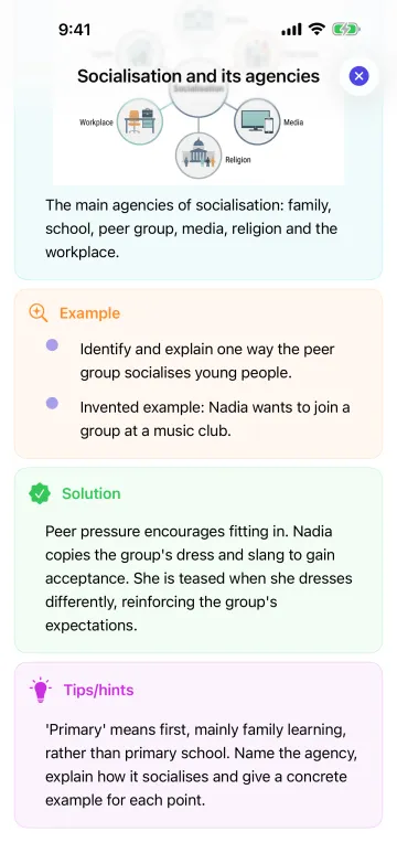 A revision note on socialisation and its agencies with a diagram and a worked example